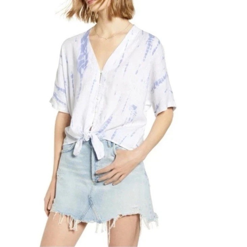 Rails Thea Tie Front Top Blouse Women's S Linen Blend Tie Dye Cropped Relaxed